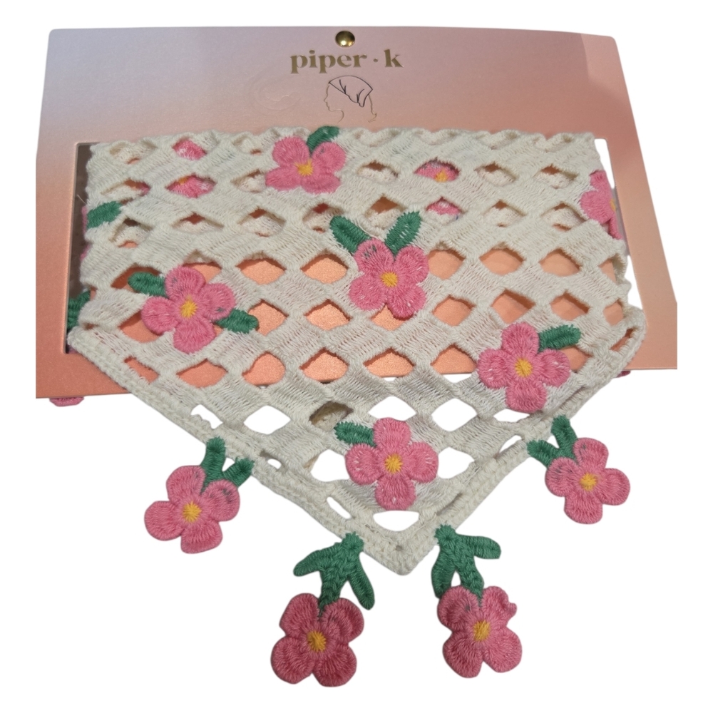 🌸▪️Piper K▪️ Cream Crochet Hair Scarf with Pink Floral Accents